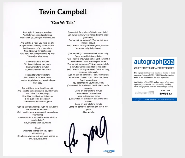 Tevin Campbell 'Can We Talk' Signed Lyric Sheet ACOA