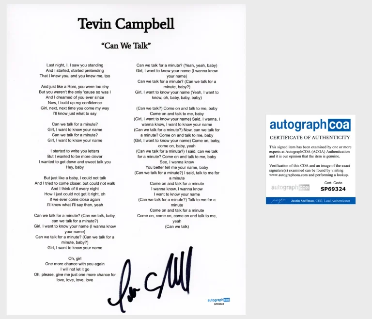 Tevin Campbell 'Can We Talk' Signed Lyric Sheet ACOA