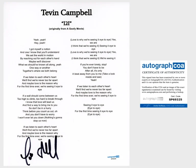 Tevin Campbell 'I2I' Signed Lyric Sheet ACOA