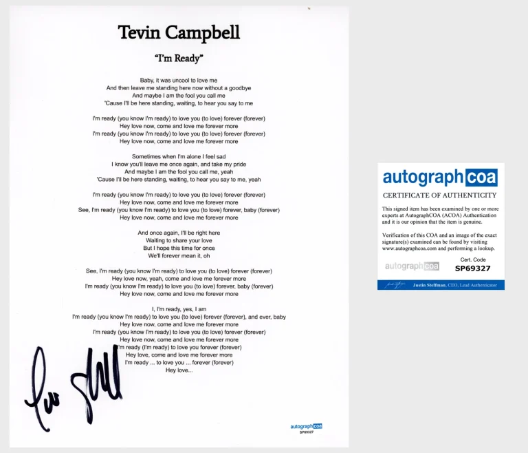 Tevin Campbell 'I'm Ready' Signed Lyric Sheet ACOA