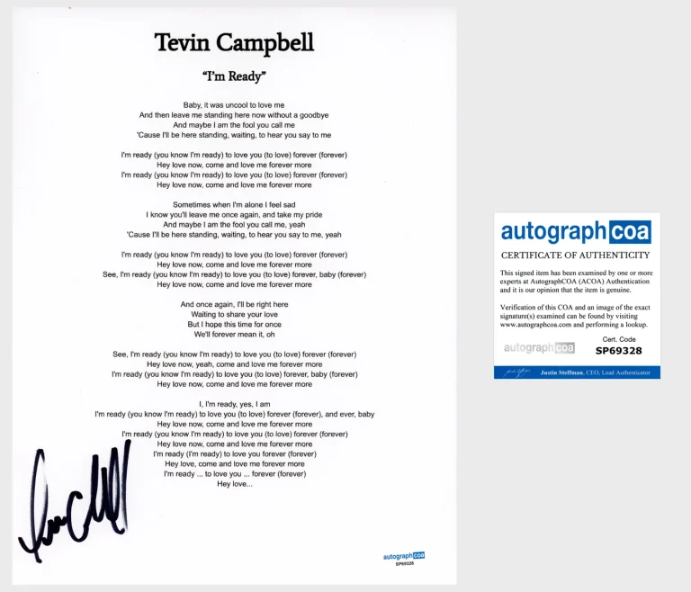 Tevin Campbell 'I'm Ready' Signed Lyric Sheet ACOA