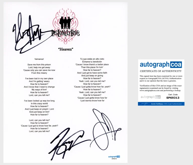 'Los Lonely Boys' Band Signed Lyric Sheet 'Heaven' ACOA