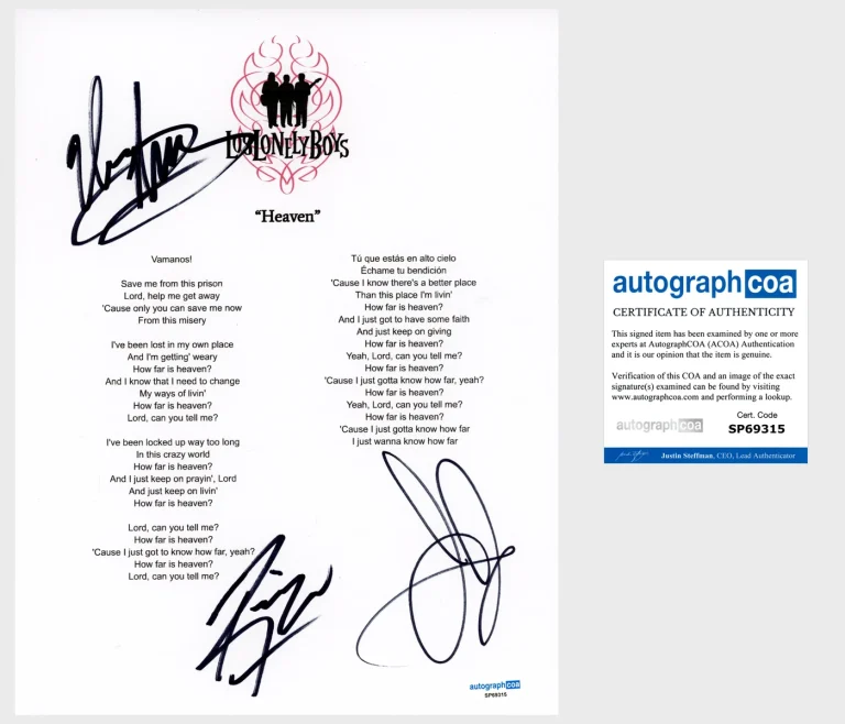 'Los Lonely Boys' Band Signed Lyric Sheet 'Heaven' ACOA