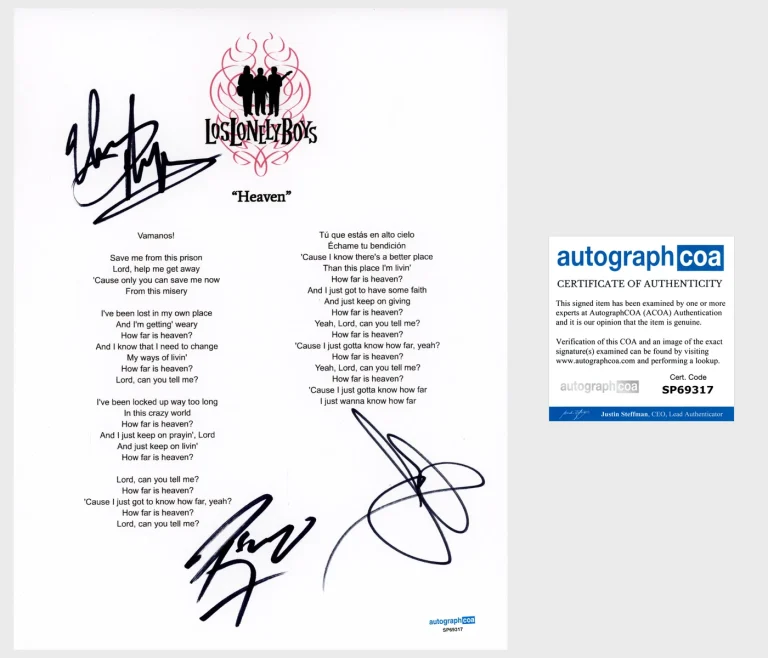 'Los Lonely Boys' Band Signed Lyric Sheet 'Heaven' ACOA