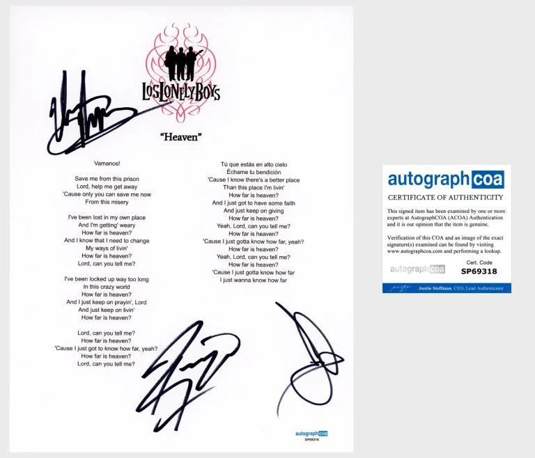 'Los Lonely Boys' Band Signed Lyric Sheet 'Heaven' ACOA
