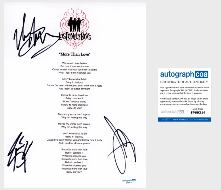 'Los Lonely Boys' Band Signed Lyric Sheet 'More Than Love' ACOA