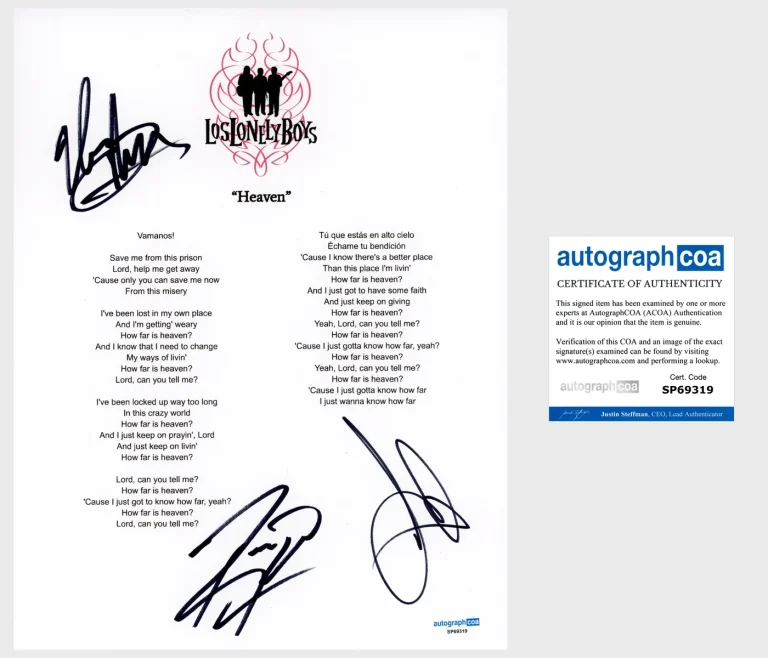 'Los Lonely Boys' Band Signed Lyric Sheet 'Heaven' ACOA