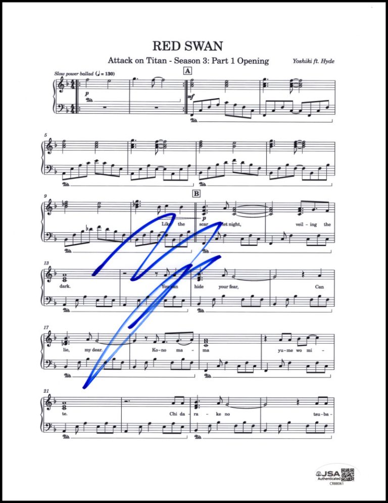 Yoshiki X Japan Signed Autograph Red Swan Sheet Music - Attack on Titan JSA COA