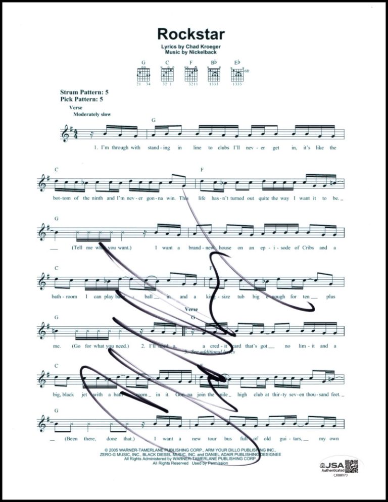 Chad Kroeger Nickelback Signed Autograph Rockstar Sheet Music w/ JSA COA