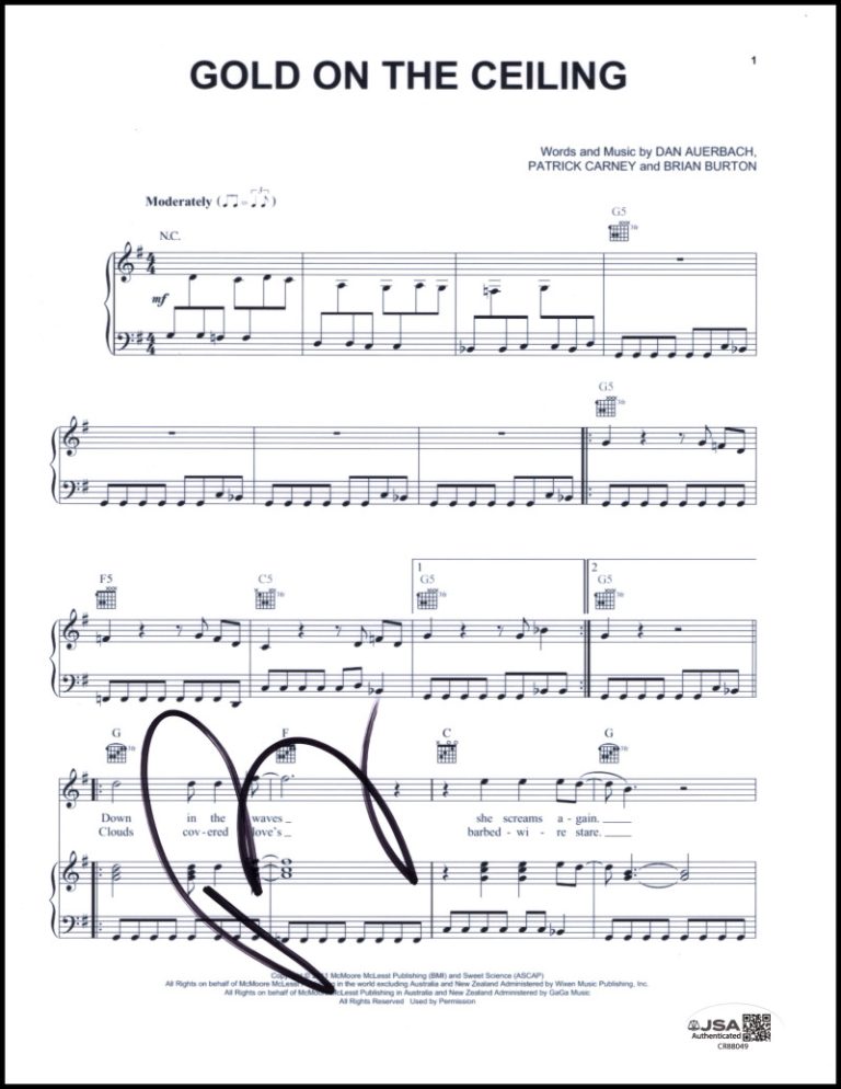 Patrick Carney Black Keys Signed Autograph Gold on the Ceiling Sheet Music JSA