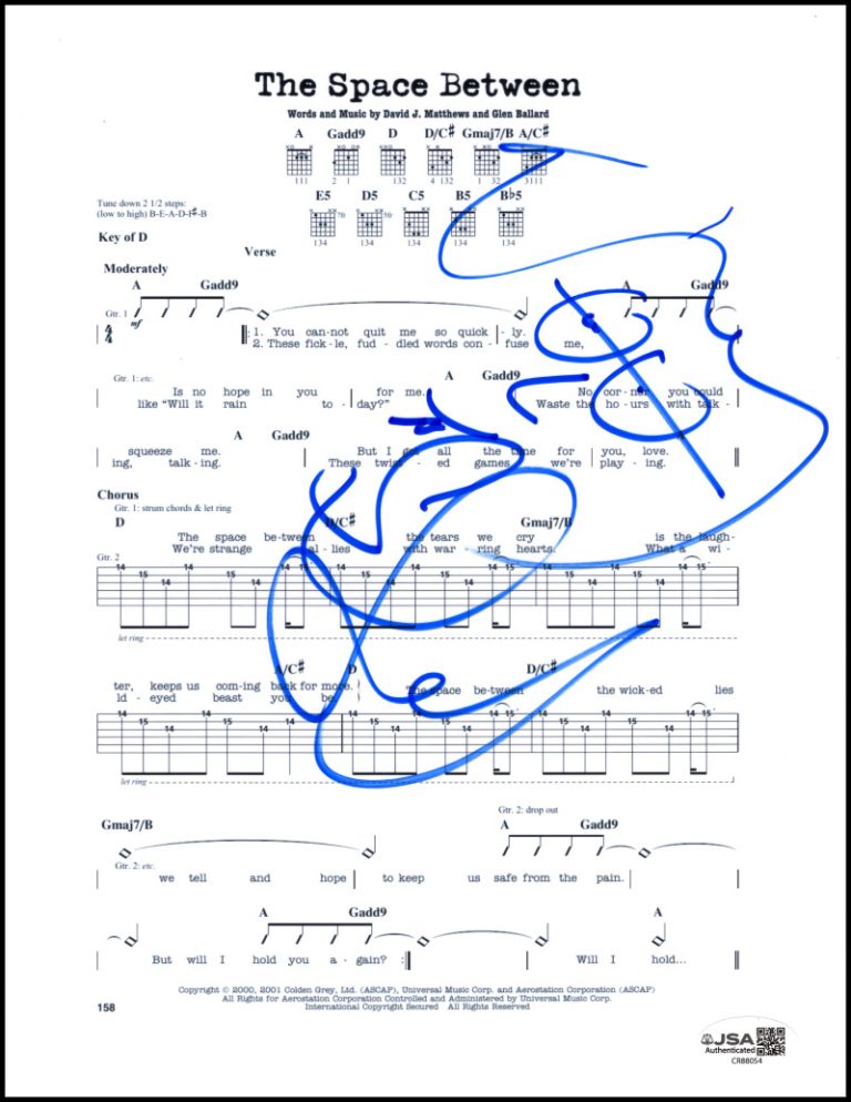 Stefan Lessard DMB Signed Autograph Space Between Sheet Music w/ Art Sketch JSA