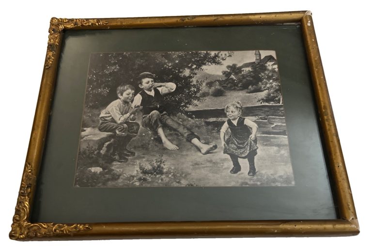 Vintage Framed Print of Girl Dancing & 2 Boys Laughing 8.5