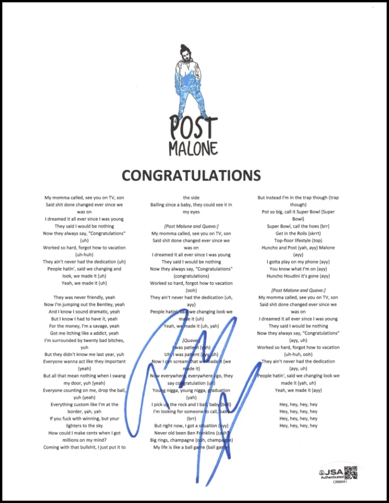 Post Malone Signed Autograph Congratulations Lyric Sheet - Stoney w/ JSA COA