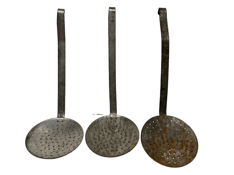 3 Vintage Metal Slotted Skimmers Strainers Ladles Spoons Primitive  12” Handles