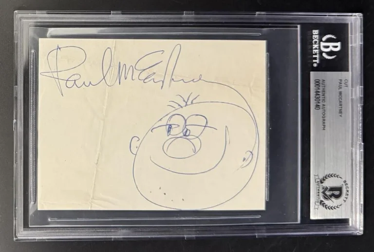 Paul McCartney Beatles Signed Slabbed Cut w/ Original Art Sketch Face Doodle
