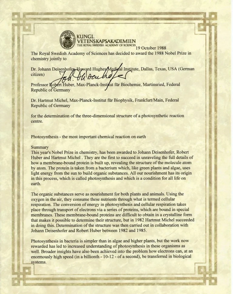 Johann Deisenhofer Nobel Prize Chemistry Biochemist Signed Autograph Certificate