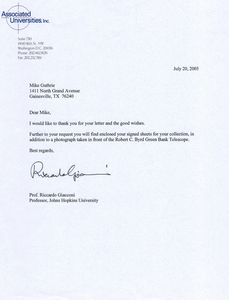 Riccardo Giacconi Nobel Prize Physics Astrophysicist Signed Autograph Letter