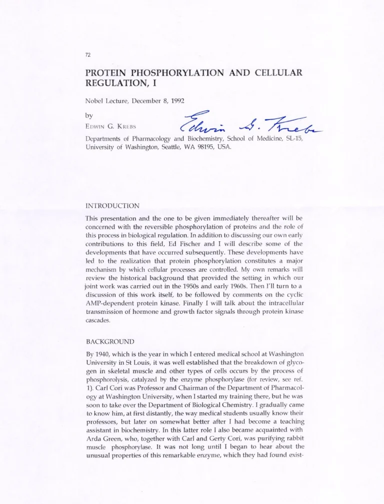 Edwin Krebs Nobel Prize Medicine Phosphorylation Rare Signed Autograph Lecture
