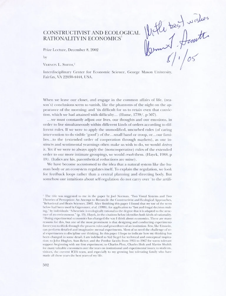 Vernon Smith Nobel Prize Economics Ecological Rationali Signed Autograph Lecture