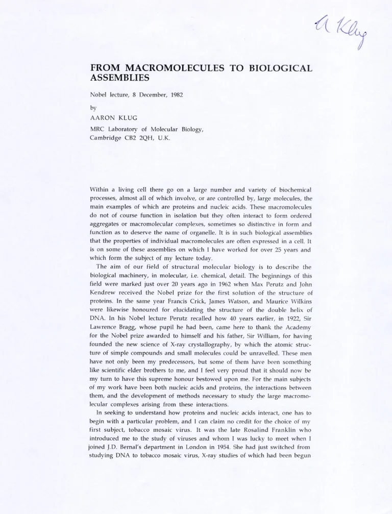 Aaron Klug Nobel Prize Chemistry Electron Crystallograp Signed Autograph Lecture