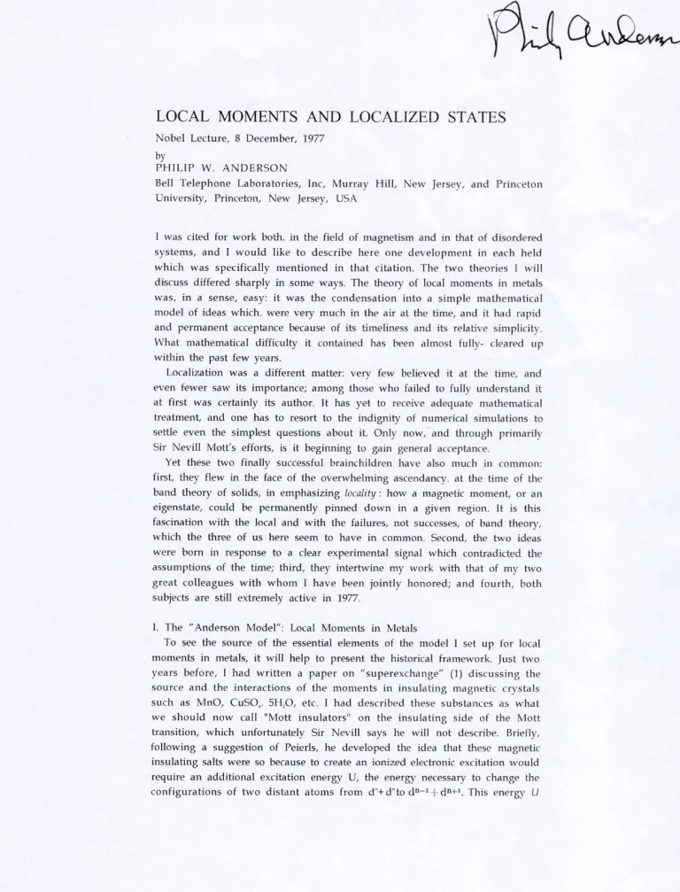 Philip W. Anderson Nobel Prize Physics Theoretical Signed Autograph Lecture