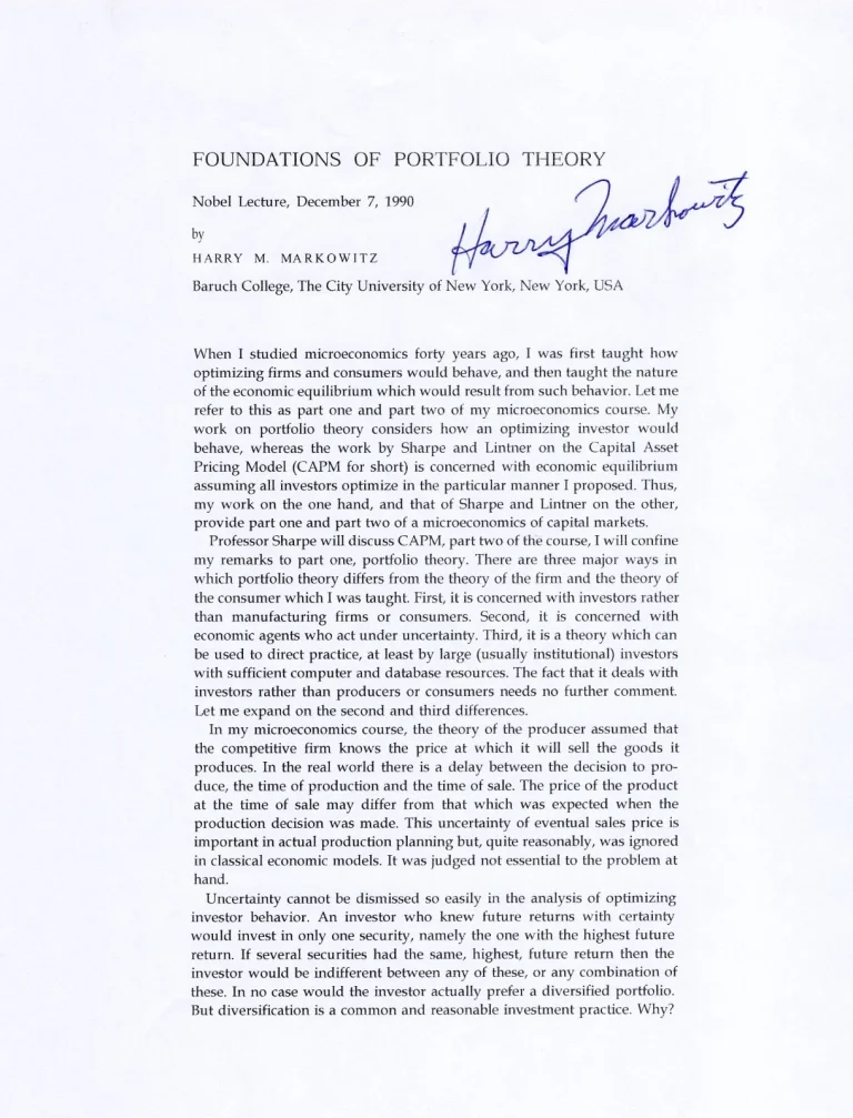 Harry Markowitz Nobel Prize Economics Modern Portfolio Signed Autograph Lecture
