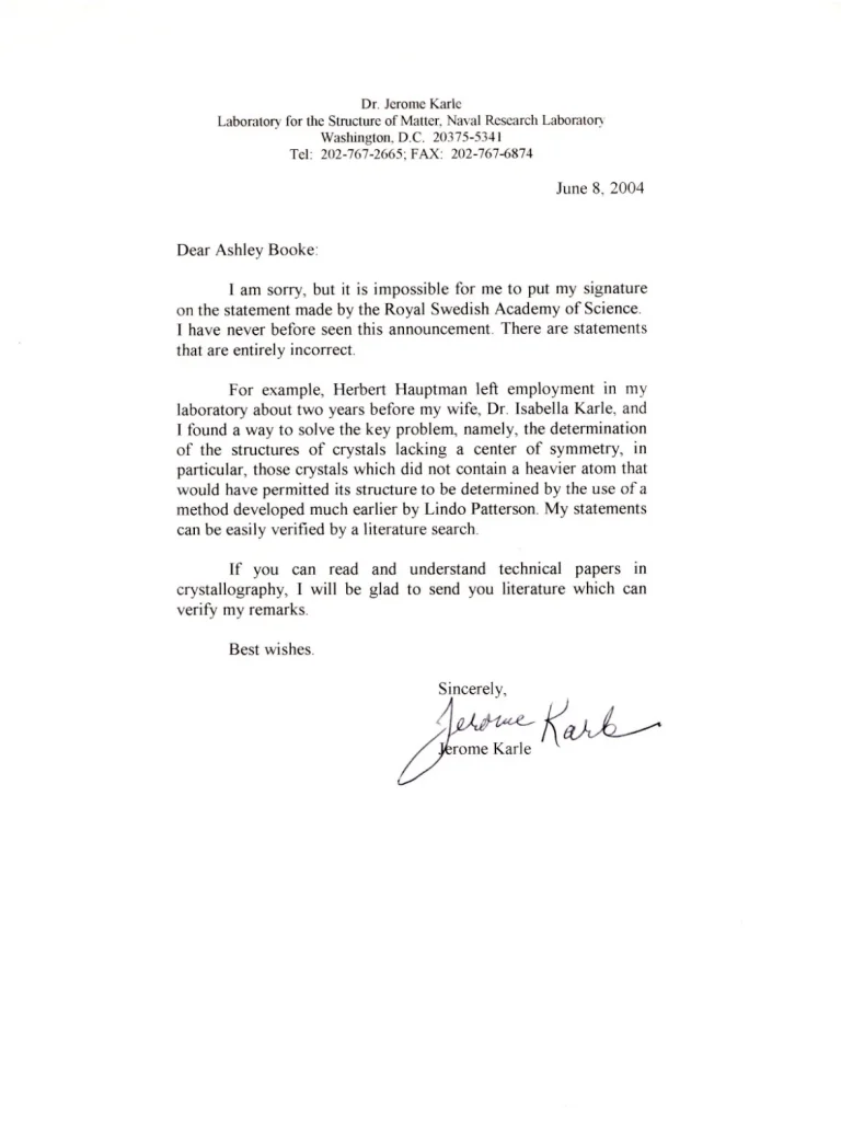 Jerome Karle Nobel Prize Chemistry Signed Autograph Hauptman Content Letter