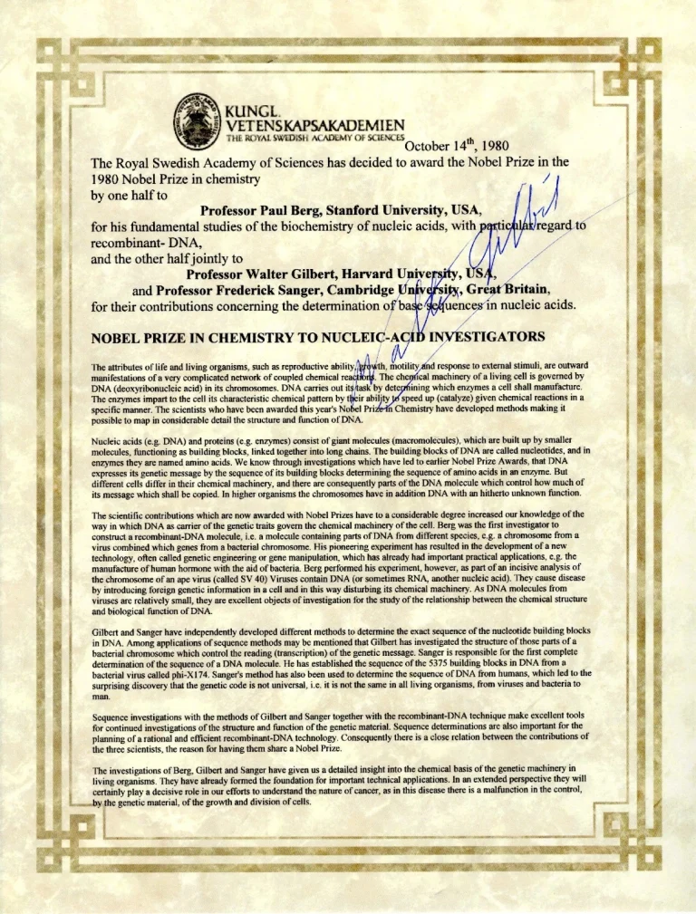 Walter Gilbert Nobel Prize Chemistry DNA Sequencing Signed Autograph Certificate