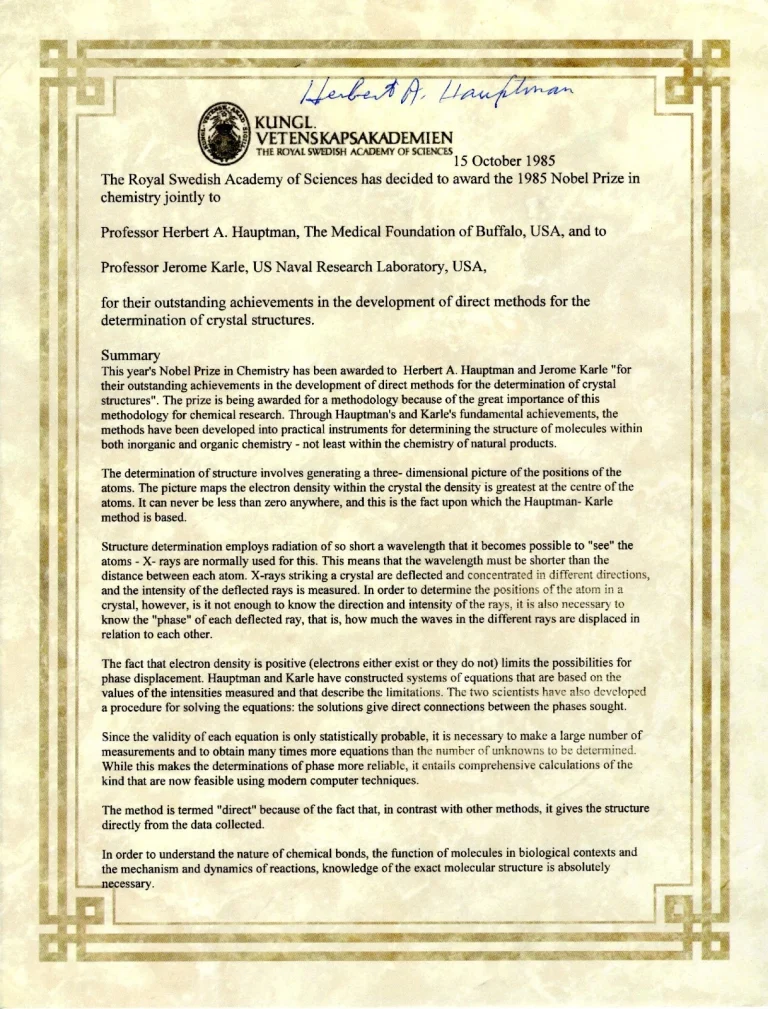 Herbert Hauptman Nobel Prize Chemistry Mathematicia Signed Autograph Certificate