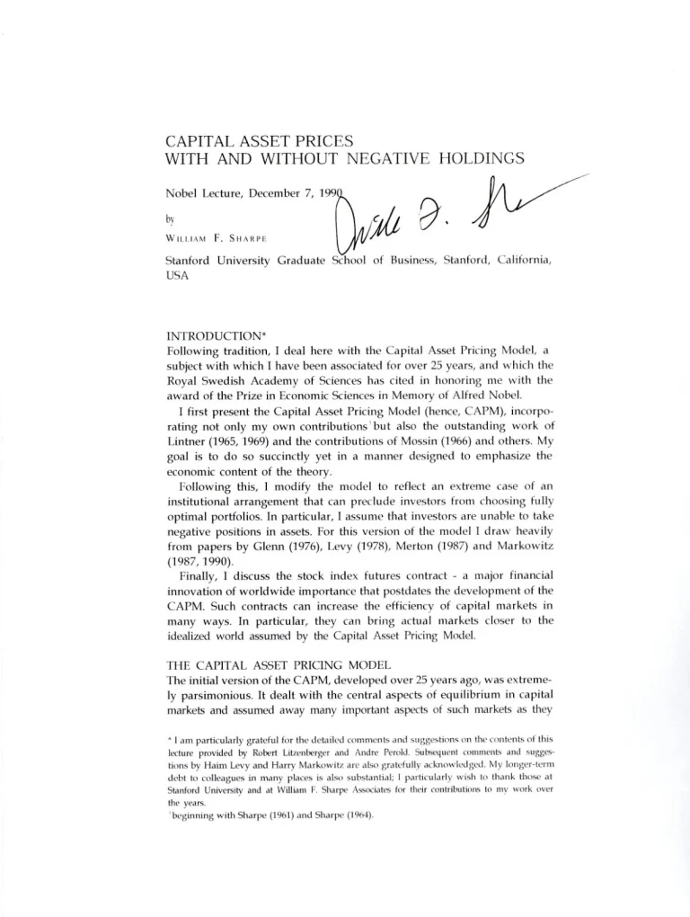 William F. Sharpe Nobel Prize Economics Capital Asset Signed Autograph Lecture