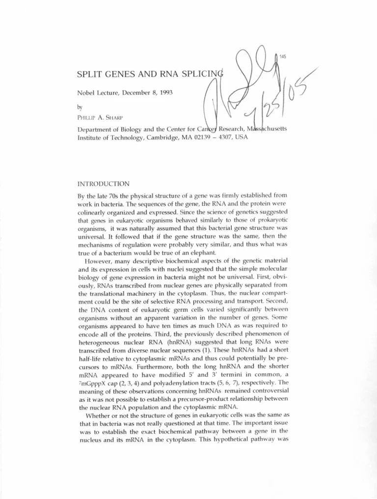 Phillip A. Sharp Nobel Prize Medicine RNA Splicing Signed Autograph Lecture