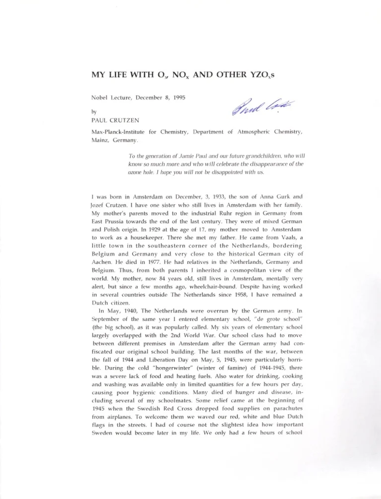 Paul Crutzen 1995 Nobel Prize Chemistry Anthropocene Signed Autograph Lecture