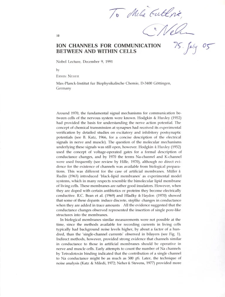 Erwin Neher Nobel Prize Medicine Biophysic Ion Channels Signed Autograph Lecture