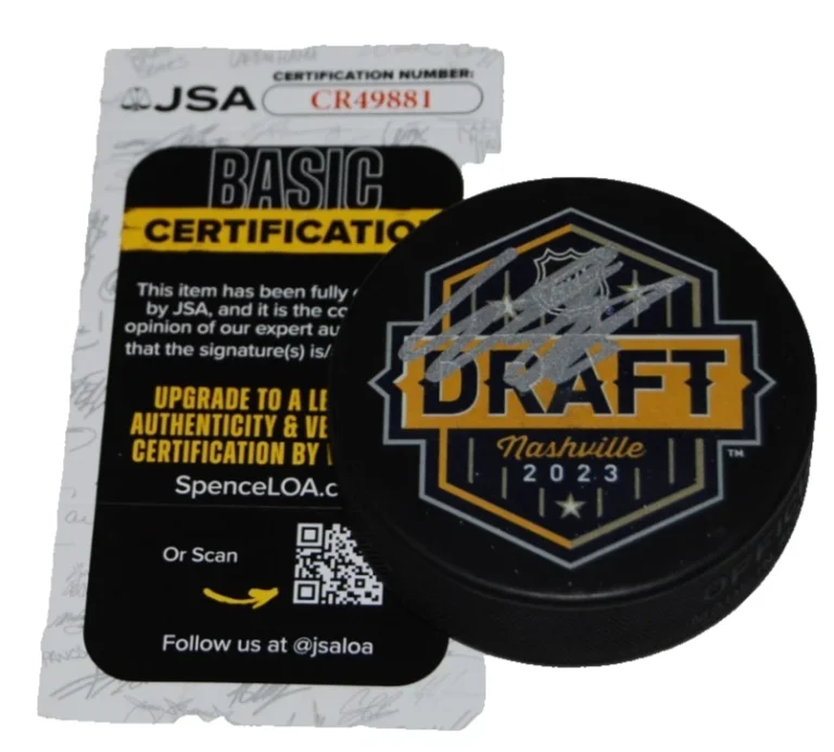 CONNOR BEDARD signed (CHICAGO BLACKHAWKS) 2023 Nashville Draft puck JSA CR49881
