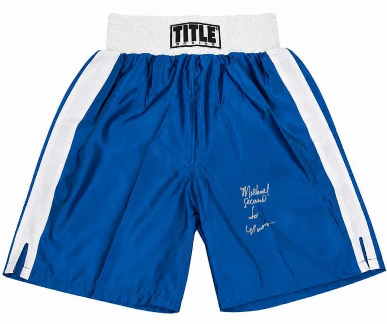 Michael Nunn Signed Title Blue With White Trim Boxing Trunks - (SCHWARTZ COA)
