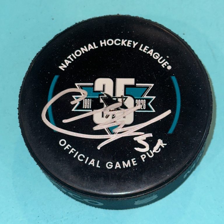 COLLIN GRAF Signed San Jose SHARKS 35th Ann. Official GAME Puck Beckett (BAS)