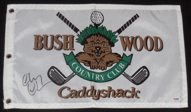 CHEVY CHASE AUTOGRAPHED CADDYSHACK GOLF FLAG W/ PROOF! - PSA DNA!