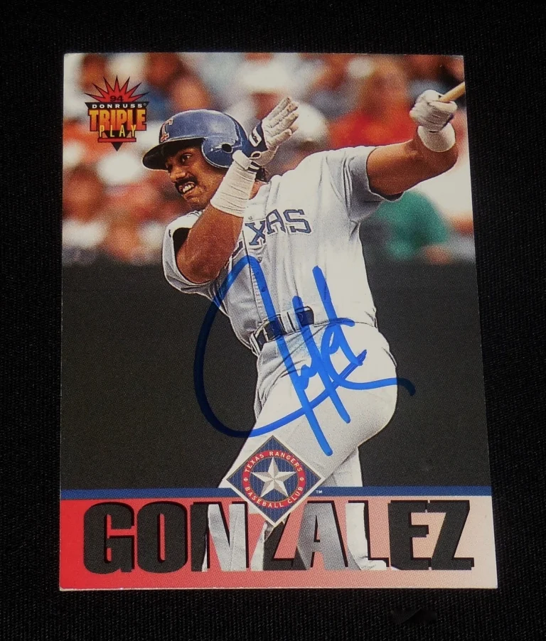 JUAN GONZALEZ 1994 DONRUSS TRIPLE PLAY AUTOGRAPHED BASEBALL CARD (TEXAS RANGERS)