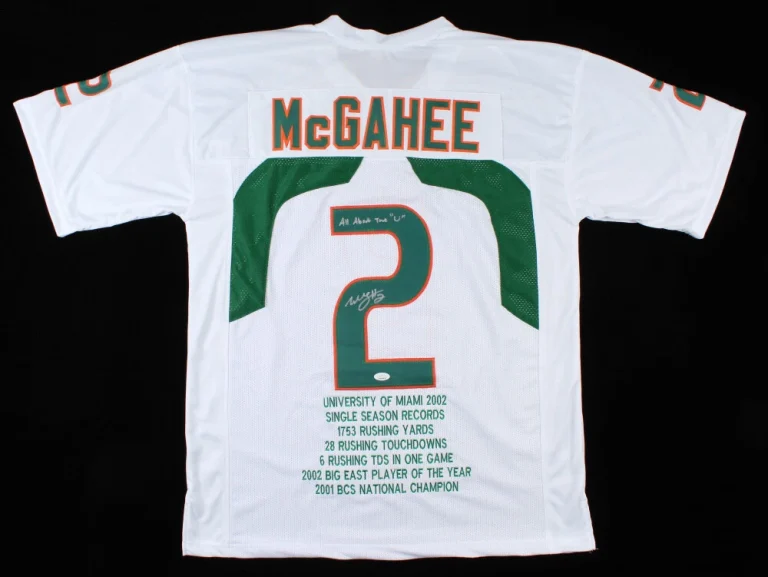 WILLIS MCGAHEE AUTOGRAPHED CUSTOM STAT JERSEY (MIAMI HURRICANES) - JSA COA!