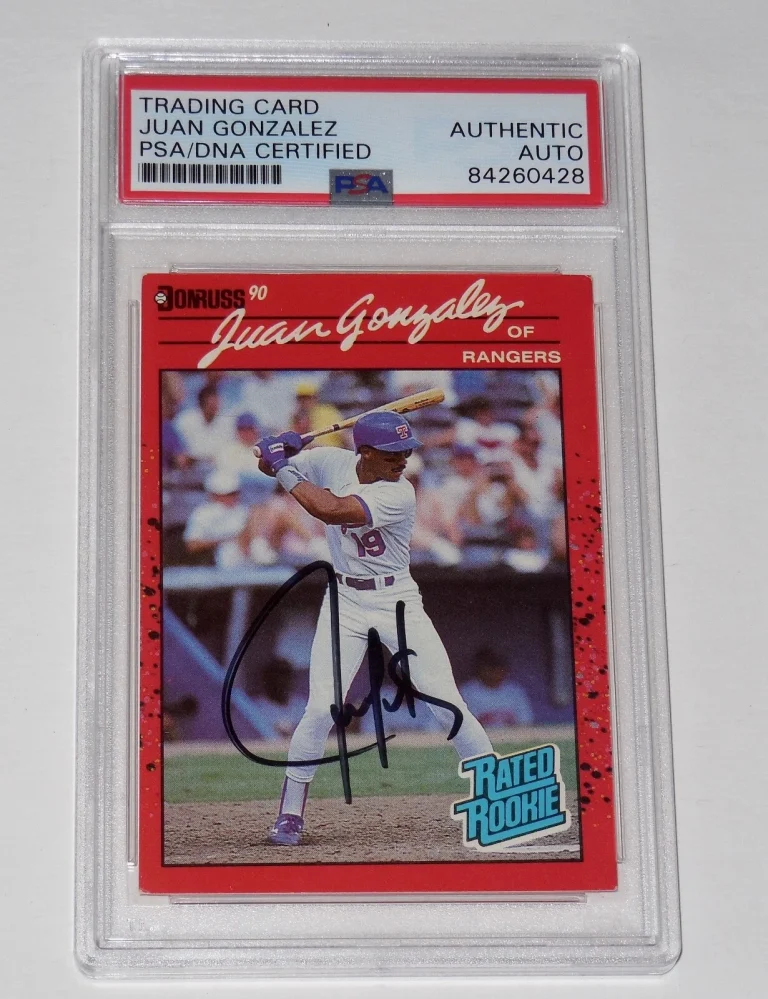1990 DONRUSS #33 JUAN GONZALEZ AUTOGRAPHED ROOKIE CARD (PSA DNA) - RANGERS!