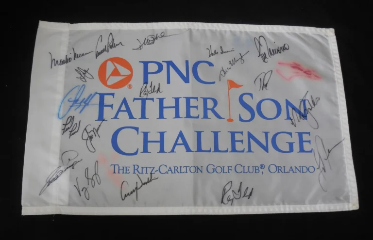 PGA GREATS AUTOGRAPHED PNC FATHER/SON GOLF FLAG - PALMER, NICKLAUS, TREVINO,
