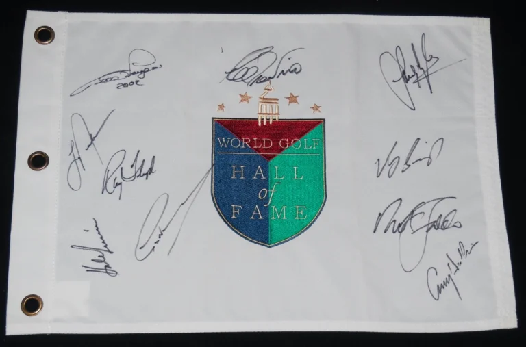HALL OF FAME GOLF FLAG SIGNED BY 10 HOF'ERS - Greg Norman, Lee Trevino, etc.