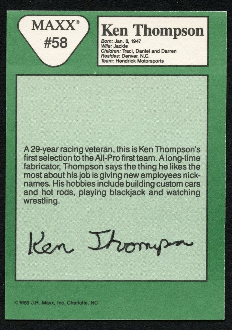 Ken Thompson #58 signed autograph auto 1989 Maxx NASCAR Racing Trading Card