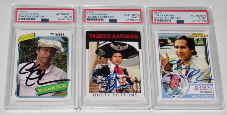 CHEVY CHASE AUTOGRAPHED 3 CARD LOT (PSA DNA) - CADDYSHACK / VACATION / AMIGOS!