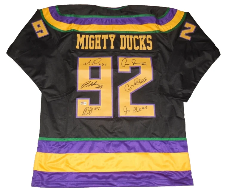 THE MIGHTY DUCKS MOVIE AUTOGRAPHED JERSEY (6 CAST SIGNATURES) - BECKETT COA!