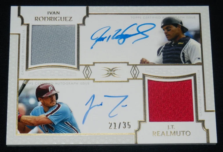 IVAN RODRIGUEZ & J.T. REALMUTO AUTOGRAPHED DUAL RELIC BASEBALL CARD #21 of 35!