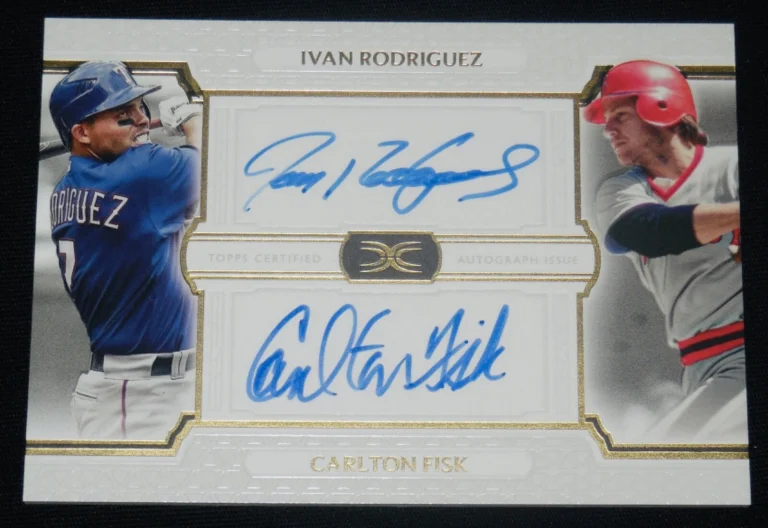 CARLTON FISK & IVAN RODRIGUEZ AUTOGRAPHED BASEBALL CARD (HALL OF FAME) #13 of 35