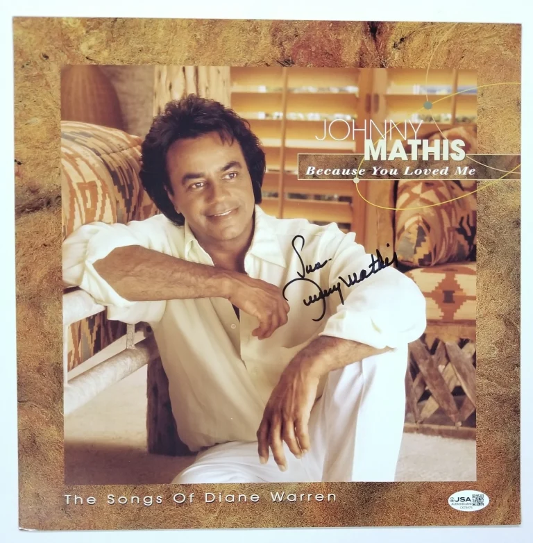 Johnny Mathis SIGNED Because You Loved Me Record Album Flat #1 JSA COA Autograph