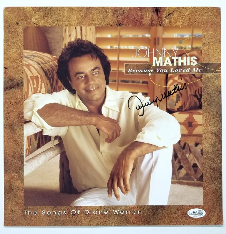 Johnny Mathis SIGNED Because You Loved Me Record Album Flat #2 JSA COA Autograph