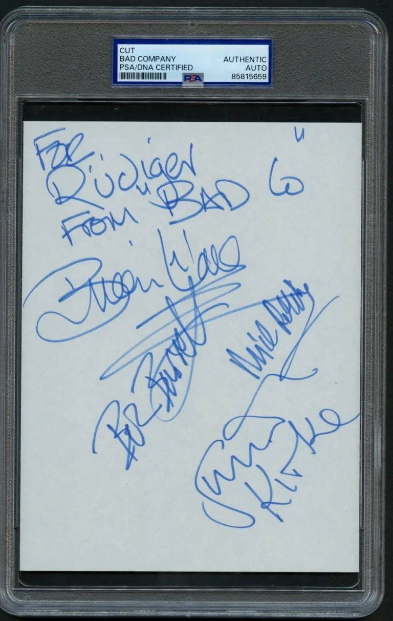 Bad Company signed 5x7.5 Simon Kirke, Mick Ralphs, Boz Burrell & Brian Howe PSA